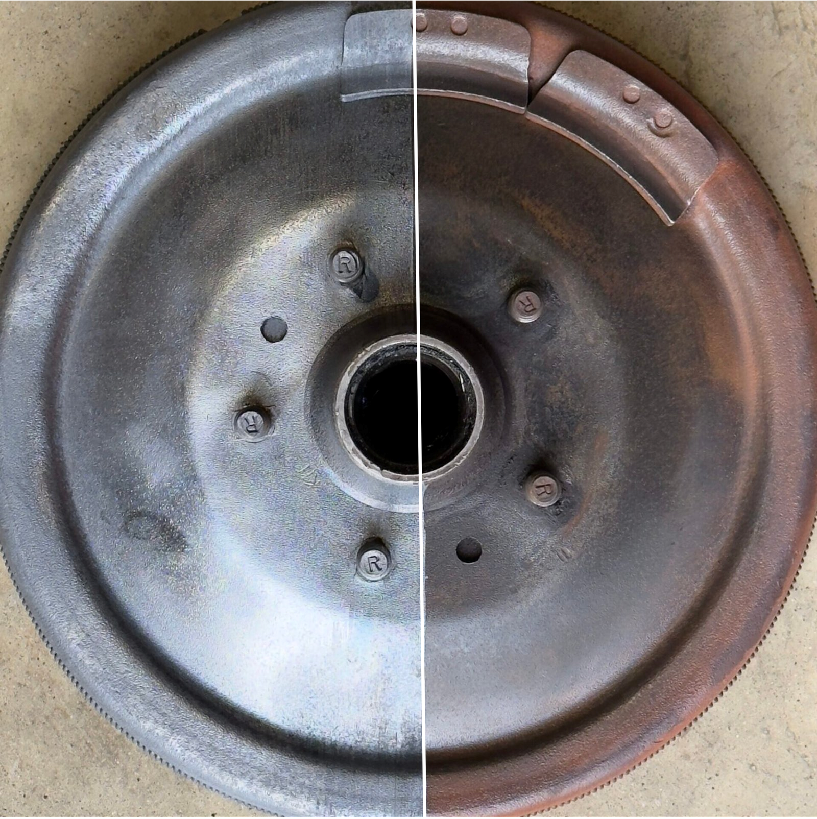 Laser rust removal from brake drum – eco-friendly surface restoration without chemicals.